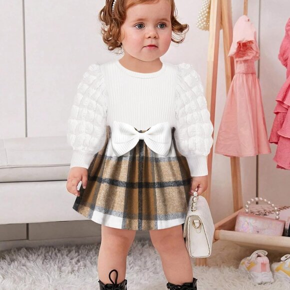 Stylish Cotton Blend Baby Girl Dress with Puff Sleeves & Bowknot Headband 12-18M - Picture 2 of 6